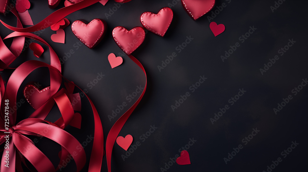 Walentynki 14 lutego - romantyczne ciemne minimalistyczne tło na życzenia. Mockup, szablon z prezentem, sercem i dekoracjami dla zakochanych. Symbol wyznana uczuć miłości. Kwiaty dla zakochanej - obrazy, fototapety, plakaty 