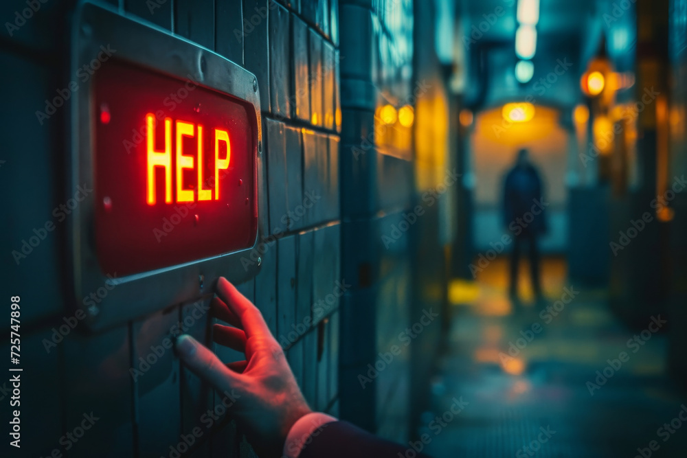 Hand of man with a neon help sign in a corridor. Asking for help, need assistance, psychology mental health concept - obrazy, fototapety, plakaty 