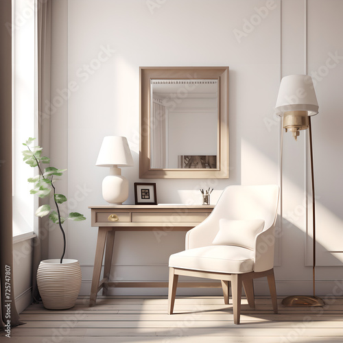 modern   room    chair is placed in front of the table that contains a lamp and a picture frame   a plant in a vase next to the chair  a mirror frame hanging on the wall  is beige white  wooden floor
