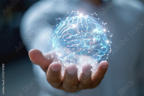 digital brain hologram spinning above male human hand