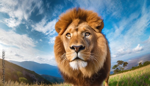 realistic handsome lion with blue eyes