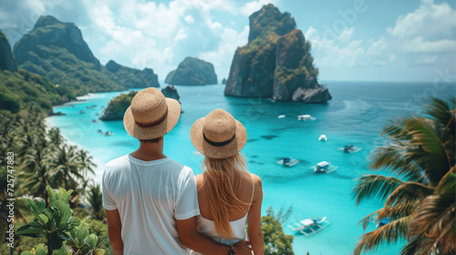 Young couple admiring delightful scenery visiting an exotic tropical island with clear turquoise crystal sea with boats. Paradisiacal travel destination during holidays or vacation