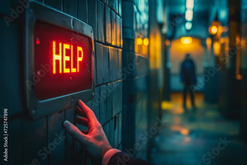 Hand of man with a neon help sign in a corridor. Asking for help, need assistance, psychology mental health concept photo