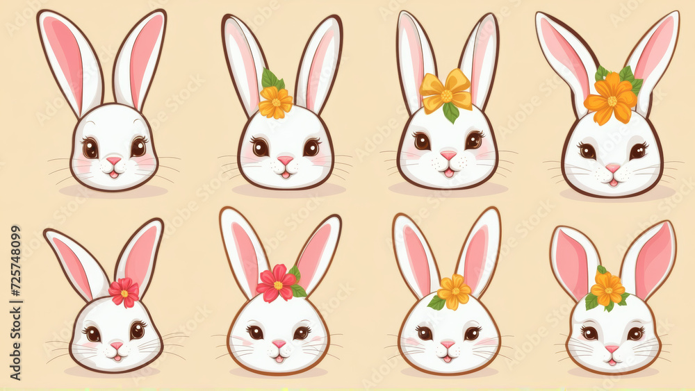 Several bunnies adorned with colorful flowers arranged in a bunch.