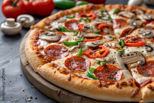 Slice of hot pizza large cheese lunch or dinner crust seafood meat topping sauce. with bell pepper vegetables delicious tasty fast food italian traditional on wooden board table classic in side view .