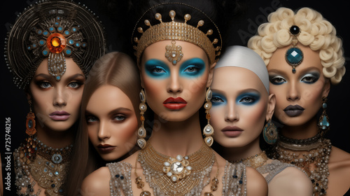 Wallpaper Mural An eclectic group of women, each adorned with unique makeup and fashion accessories, showcase their individuality and empowerment through bold lipsticks, intricate headpieces, sparkling crowns, and s Torontodigital.ca