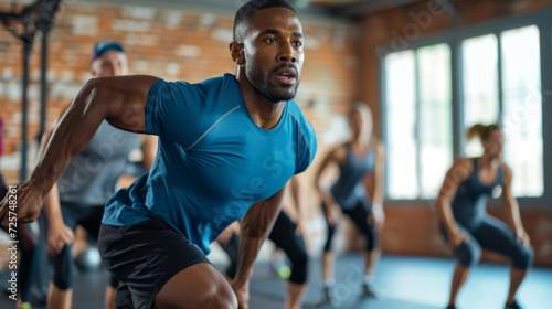 group of focused individuals engaged in a high-intensity workout, led by a man in the foreground in a dynamic lunging position