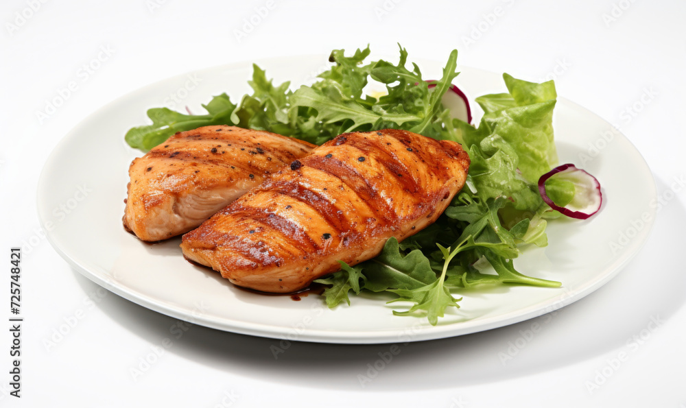 Juicy grilled chicken breast served with a fresh mixed greens salad on a white plate, isolated on a white background. Juicy grilled chicken breast served with a fresh mixed greens salad on a white plate, isolated on a white background.