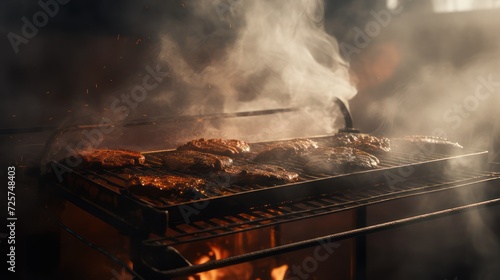 BBQ gril smoke, ribeye grilled barbecue with rosemary. Flame hot smoke grilling stove. Restaurant menu. 