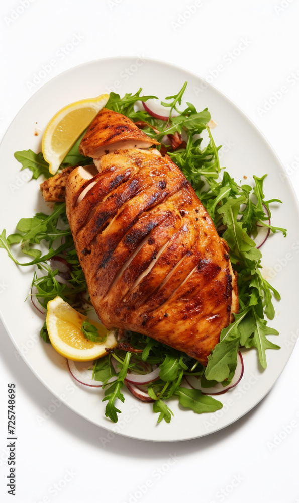 Juicy grilled chicken breast served with a fresh mixed greens salad on a white plate, isolated on a white background, top view