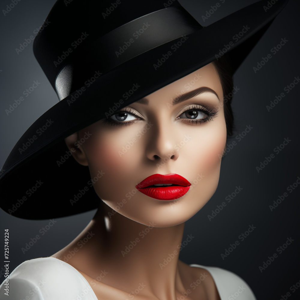 A stunning model poses with fierce confidence, donning a black fedora and bold red lipstick for a fashion photo shoot A stunning model poses with fierce confidence, donning a black fedora and bold red lipstick for a fashion photo shoot
