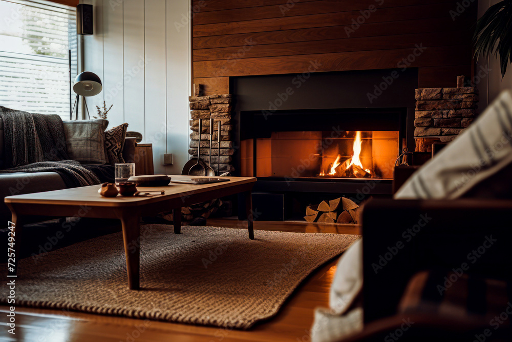 Cozy living room with warm wood tones, natural materials, and fireplace. Cozy living room with warm wood tones, natural materials, and fireplace.