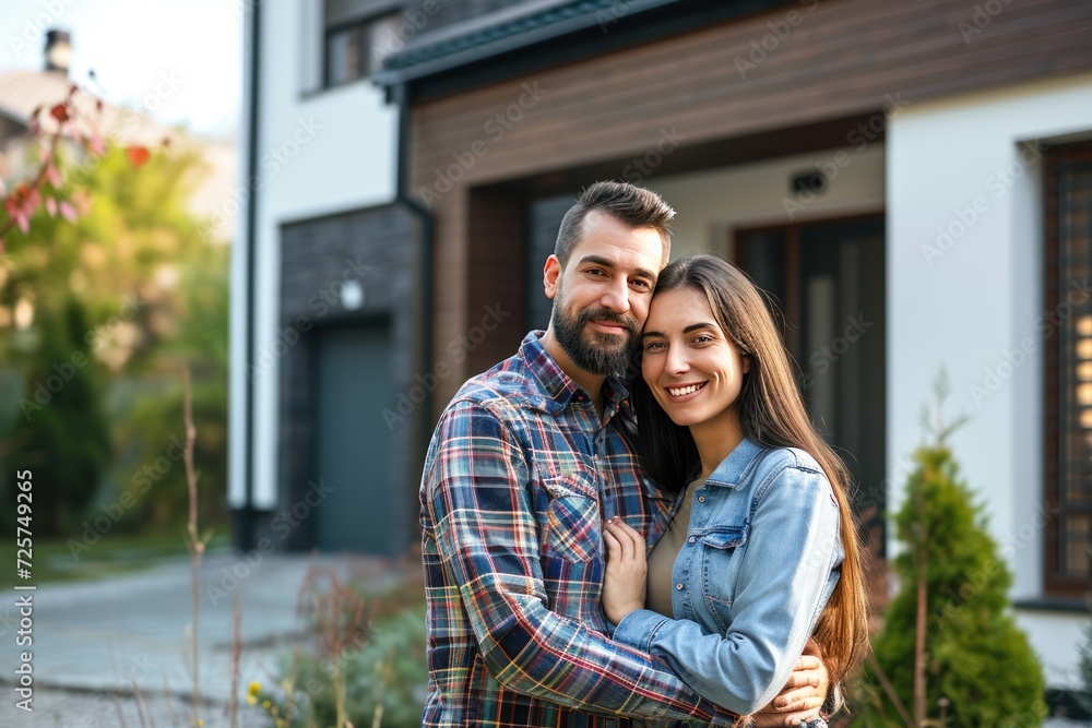 Start a family Happy young couple standing in front of new house Husband and wife buy a new house