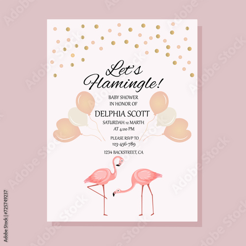 Flamingo party invitation.Baby shower invitations with flamingo cartoon character set.Birthday cards with cute animals.Wedding,Valentine's Day, baby shower,save the date,birthday.Vector illustration.