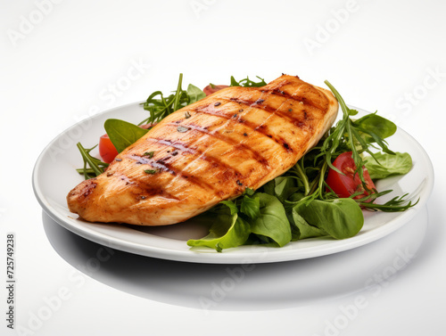 Juicy grilled chicken breast served with a fresh mixed greens salad on a white plate, isolated on a white background.
