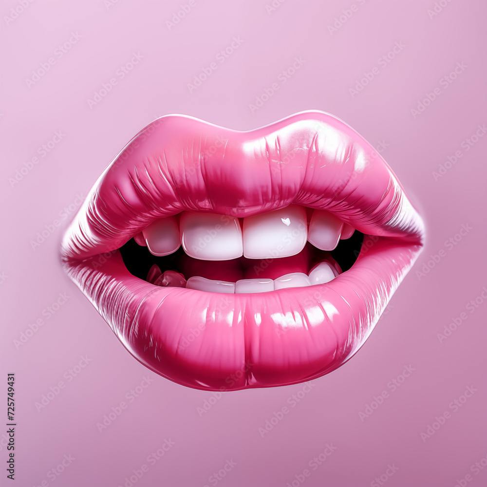 A vibrant, pink lipstick adorns the teeth and tongue of a closeup of a mouth, capturing the bold and playful essence of this striking image A vibrant, pink lipstick adorns the teeth and tongue of a closeup of a mouth, capturing the bold and playful essence of this striking image