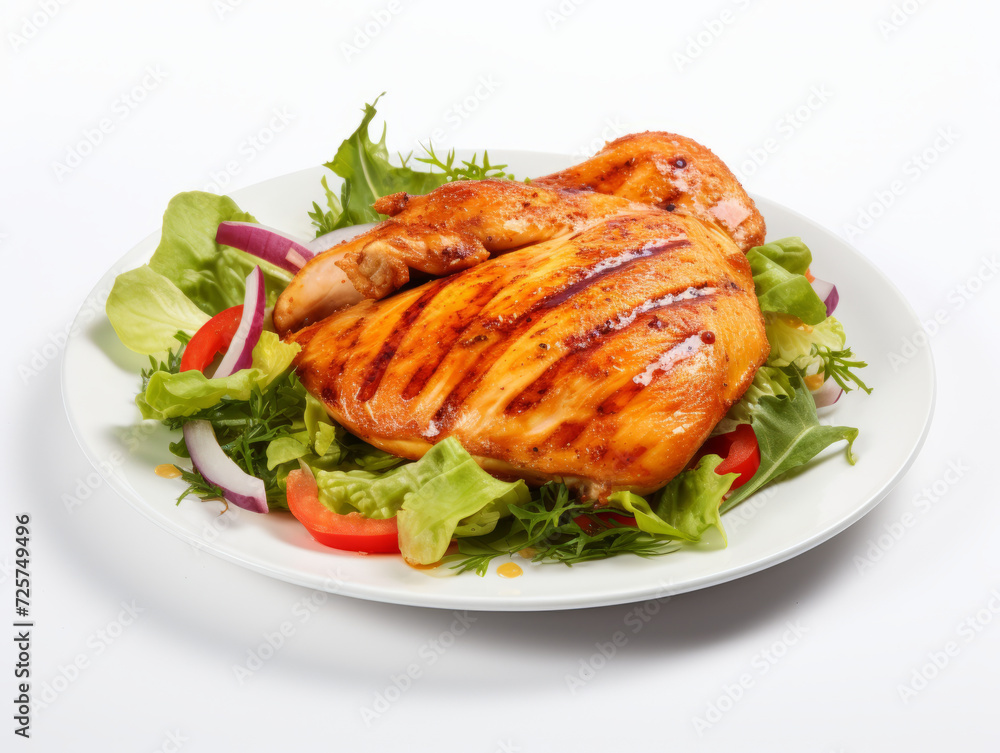 Juicy grilled chicken breast served with a fresh mixed greens salad on a white plate, isolated on a white background. Juicy grilled chicken breast served with a fresh mixed greens salad on a white plate, isolated on a white background.