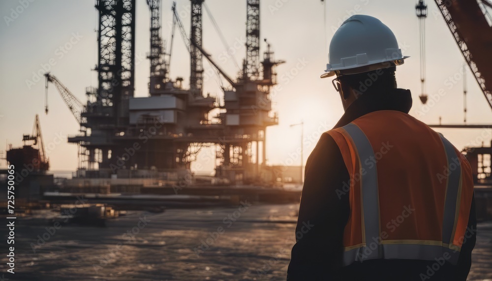 Roughneck (out of focus) looking at a huge oil rig being constructed Roughneck (out of focus) looking at a huge oil rig being constructed