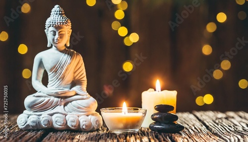 spa beauty wellness concept with statue of buddha with burning candles for spa time