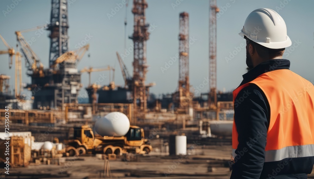 Roughneck (out of focus) looking at a huge oil rig being constructed Roughneck (out of focus) looking at a huge oil rig being constructed
