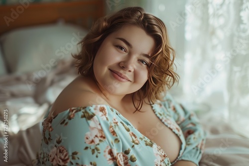 Happy and cheerful fat woman in bedroom looking at camera The concept of caring for the health and happiness of obese people