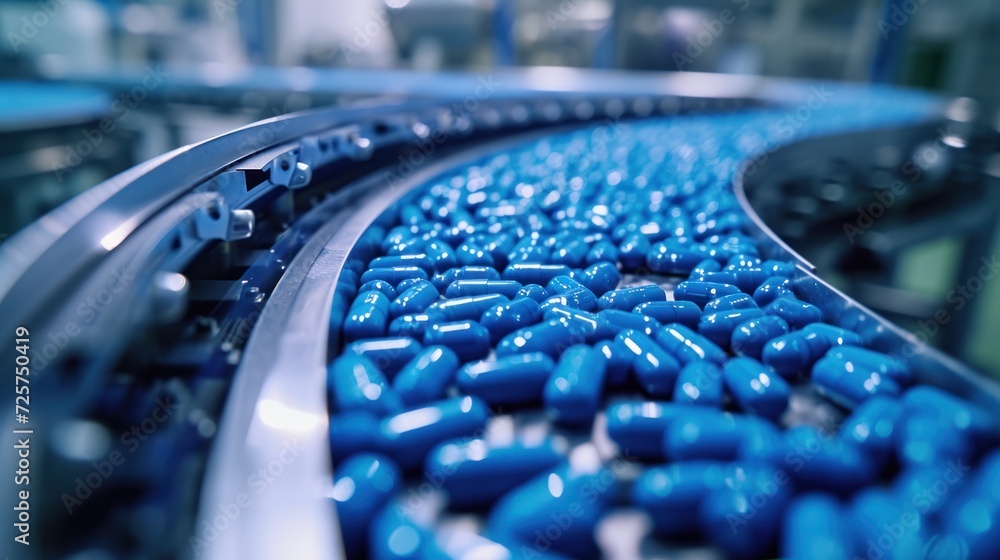 Blue pill capsules move on a conveyor belt in a modern pharmaceutical factory. - obrazy, fototapety, plakaty 