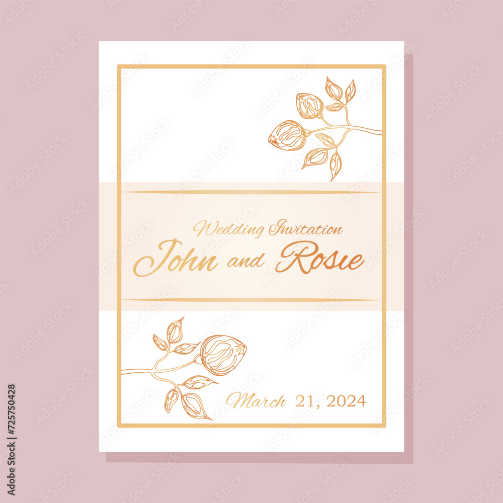 Wedding invitation, luxury wedding invitation card background with golden flowers. Botanical card with roses, peonies, leaves, spring ornament. Vector illustration of a greeting card.