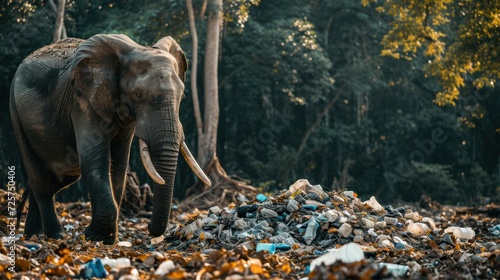 An elephant walks near a pile of garbage in the forest. Garbage and the environment and wildlife