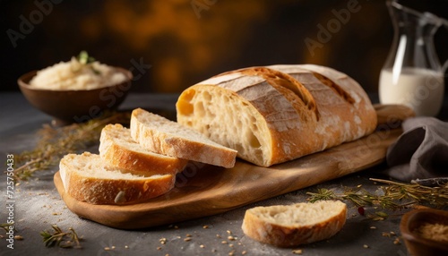 Fresh ciabatta bread sliced on wooden board. Delicious Italian bakery