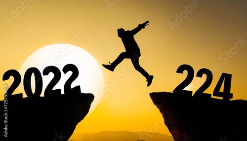 silhouette man jump happy new year 2024 concept man jumping over barrier cliff and success from 2023 cliff to 2024 cliff with sunset background happy new year for web banner and advertisement photo