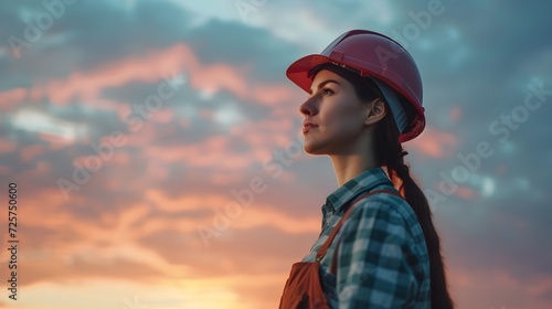 Construction Engineer Woman Wearing Hard Hat Looking Out Into The Sunset (Generative AI). © Dee