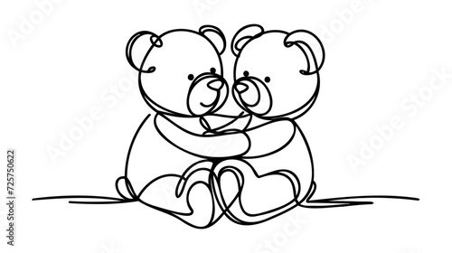 Two Teddy bear with heart continuous line drawing. One line art of decoration couple ,gift, bear, toy, stuffed toy.