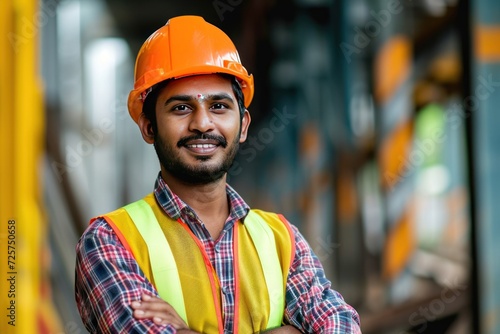 Handsome Indian engineer wearing safety vest and hard hat smile with crossed arms