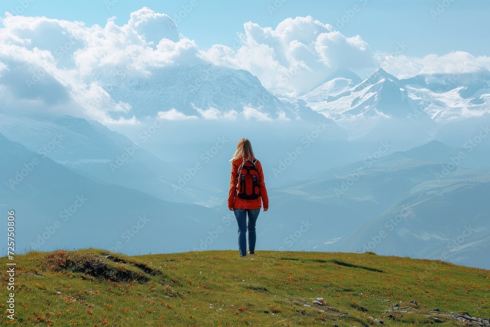 The girl walks in the mountains and admires the beautiful views.