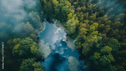 Lake In The Middle Of The Forests Outdoors Scenery (Generative AI). © Dee