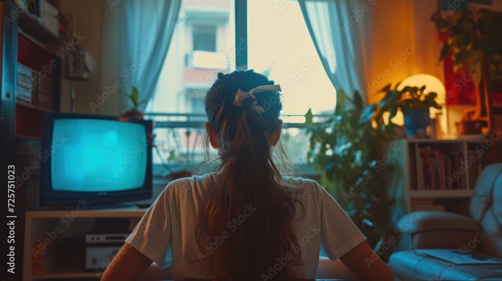 Obraz premium Young woman watching TV in the room
