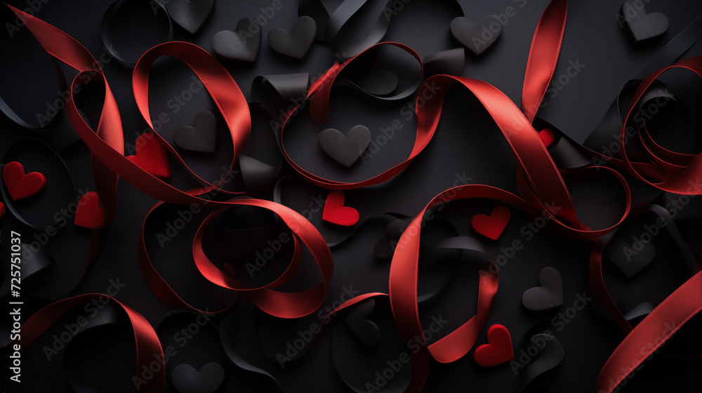 Walentynki 14 lutego - romantyczne ciemneminimalistyczne tło na życzenia. Mockup, szablon z prezentem, sercem i dekoracjami dla zakochanych. Symbol wyznana uczuć miłości. Kwiaty dla zakochanej kobiety - obrazy, fototapety, plakaty 