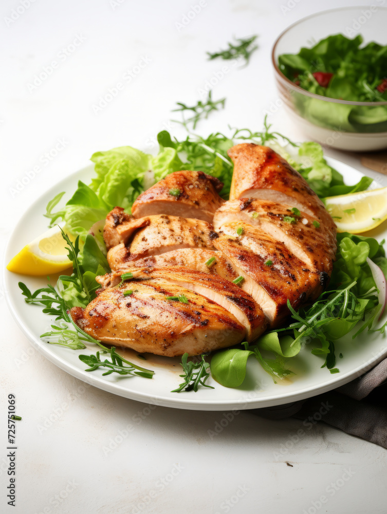 Juicy grilled chicken breast served with a fresh mixed greens salad on a white plate, isolated on a white background. Juicy grilled chicken breast served with a fresh mixed greens salad on a white plate, isolated on a white background.