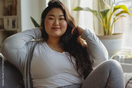 Happy Asian plus size woman exercising and relaxing in comfortable sportswear. photo