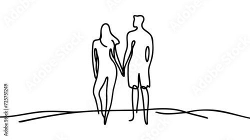 Couple walking together holding hands in continuous line art drawing style. Loving man and woman.