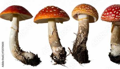 various fly agaric mushrooms at various angles on white background
