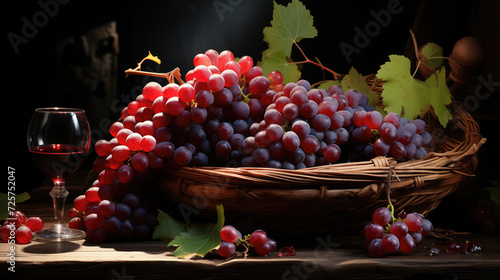 Grape harvest in a basket with a glass of red wine on the table