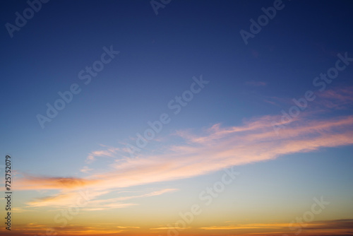 Blue and orange sky background with dark clouds at sunset on a summer evening