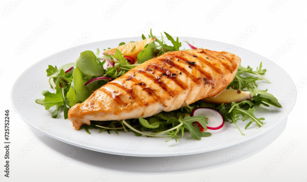 Juicy grilled chicken breast served with a fresh mixed greens salad on a white plate, isolated on a white background. Juicy grilled chicken breast served with a fresh mixed greens salad on a white plate, isolated on a white background.