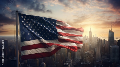 American Flag Waving at Sunrise in New York Cityscape. Generative ai