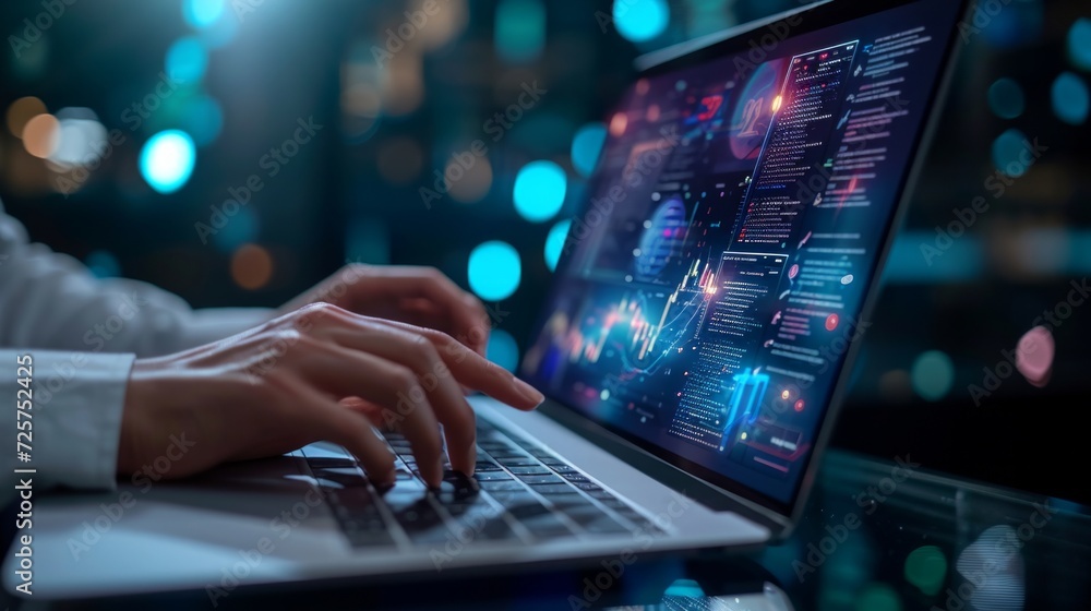 ERP, document management concept. Businessman working with laptop computer with icons on virtual screen and office blur background. ERP, document management concept. Businessman working with laptop computer with icons on virtual screen and office blur background.