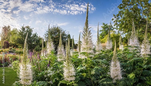 the spiky white summer flowers of perennial veronicastrum virginicum culver s root in a garden setting photo
