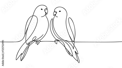 Vector one line illustration with two parrots on a branch on white background.