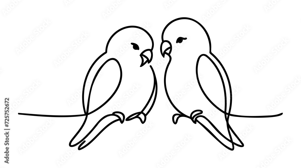 Vector one line illustration with two parrots on a branch on white background. Vector one line illustration with two parrots on a branch on white background.
