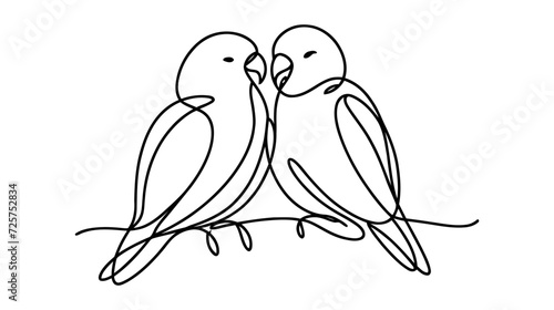 Vector one line illustration with two parrots on a branch on white background.
